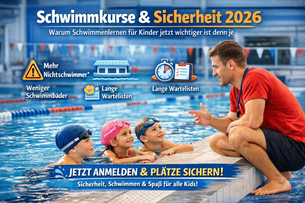 Schwimmkurse Sicherheit Kinder – White Sharks Trier: Trainer und Kinder beim sicheren Schwimmenlernen im Hallenbad