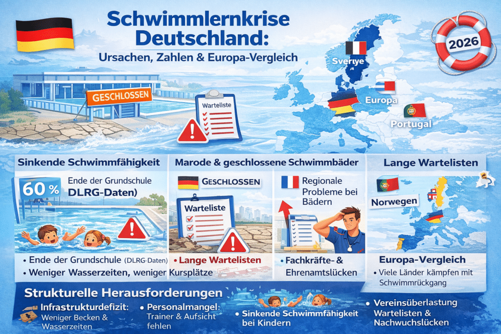 Schwimmlernkrise Deutschland – Infografik zu Ursachen, Zahlen und europäischem Vergleich 2026