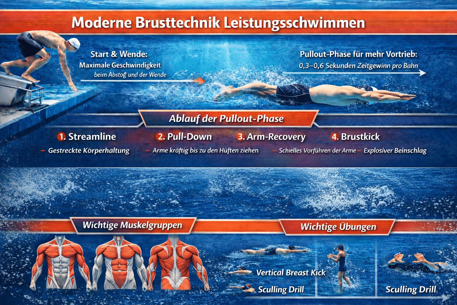 Moderne Brusttechnik Leistungsschwimmen: Start, Wende und Pullout richtig verstehen