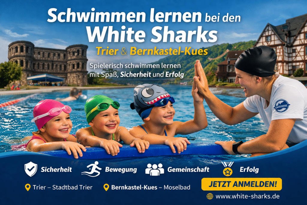 Schwimmkurs Kosten Kind – drei Kinder beim Schwimmkurs der White Sharks Trier und Bernkastel-Kues mit Trainerin im Hallenbad