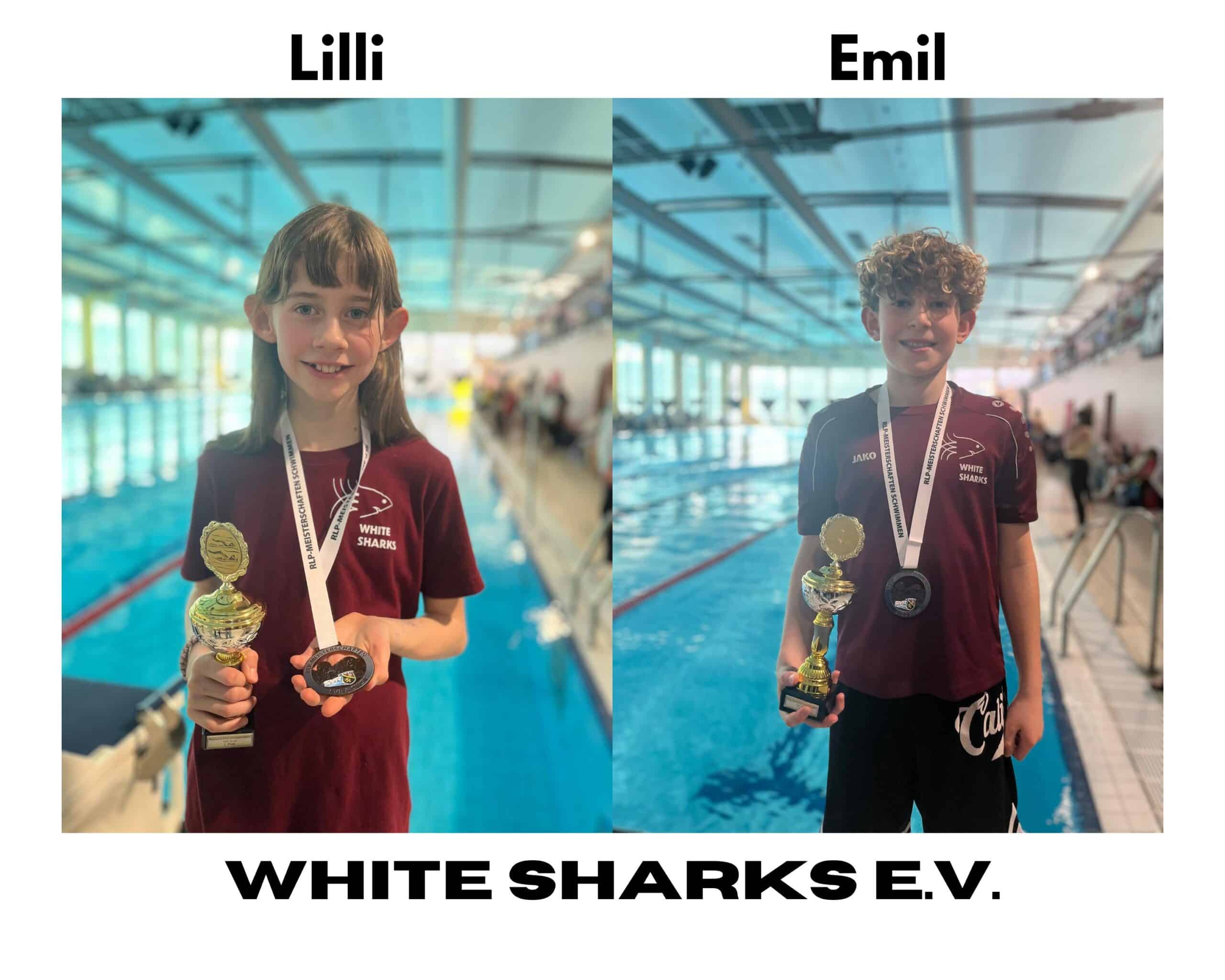 Schwimmen Nachwuchs Rheinland-Pfalz 2026 – Emil Smolenschi und Lilli Goeres WHITE Sharks Podest