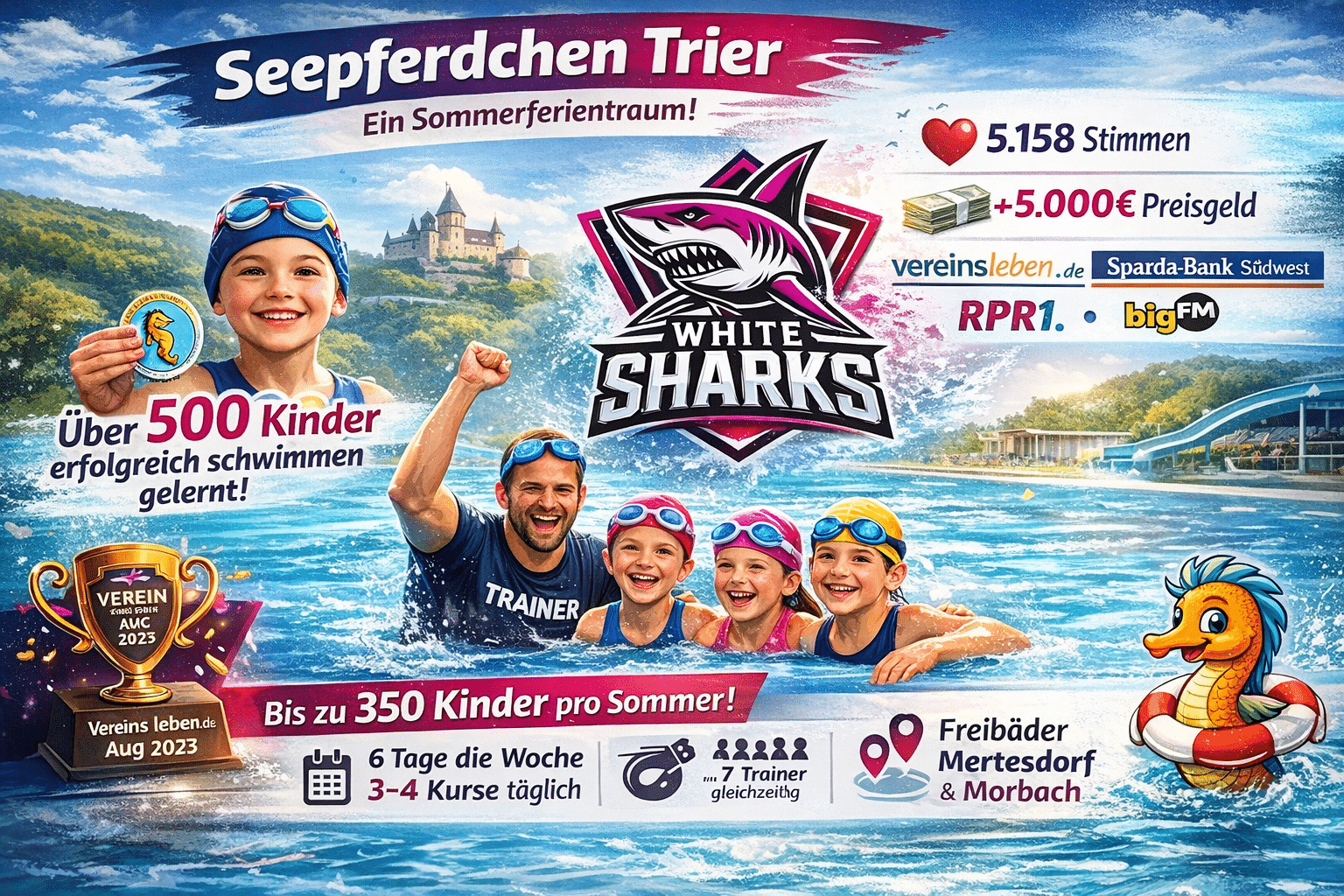 Seepferdchen Trier 2026: Kinder beim Ferienschwimmkurs der White Sharks