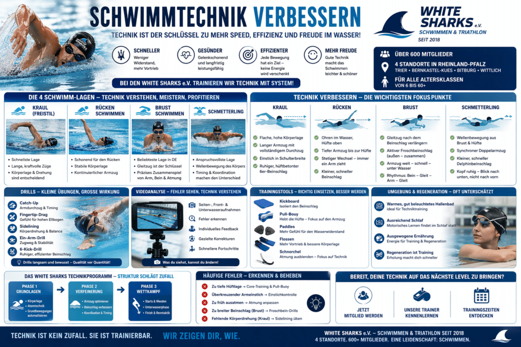 Kraulschwimmen Technik – Schwimmer beim Freistilschwimmen im Wettkampf, White Sharks e.V.