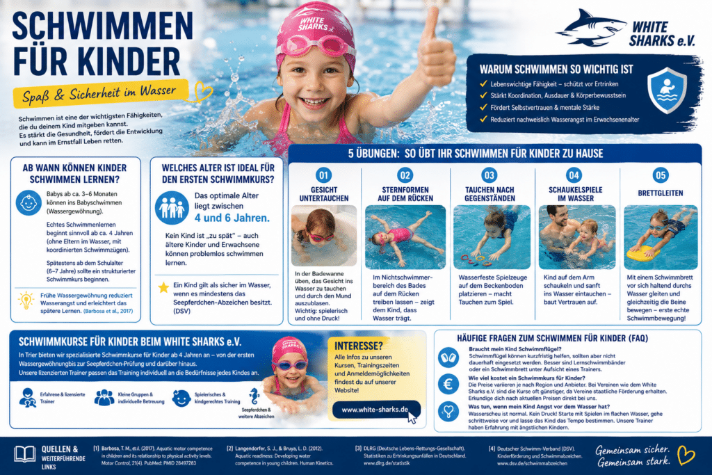 Infografik Schwimmen für Kinder – ab wann anfangen und wie üben beim White Sharks e.V.