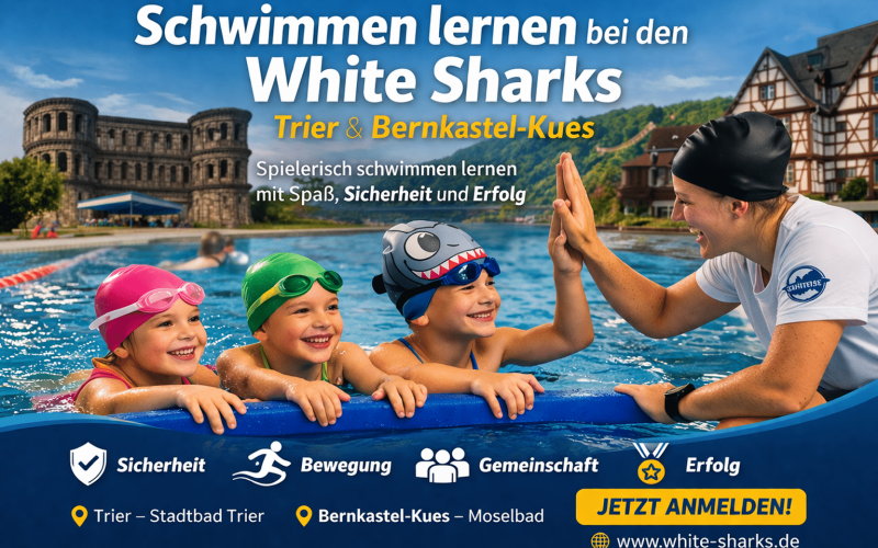 Schwimmkurs für Kinder bei den White Sharks Trier und Bernkastel-Kues – drei lachende Kinder im Schwimmbad werden von einer Trainerin beim Schwimmenlernen begleitet, Standorte Stadtbad Trier und Moselbad Bernkastel