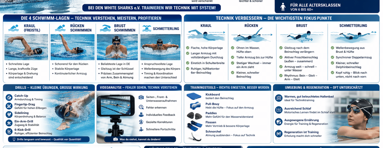 Kraulschwimmen Technik – Schwimmer beim Freistilschwimmen im Wettkampf, White Sharks e.V.